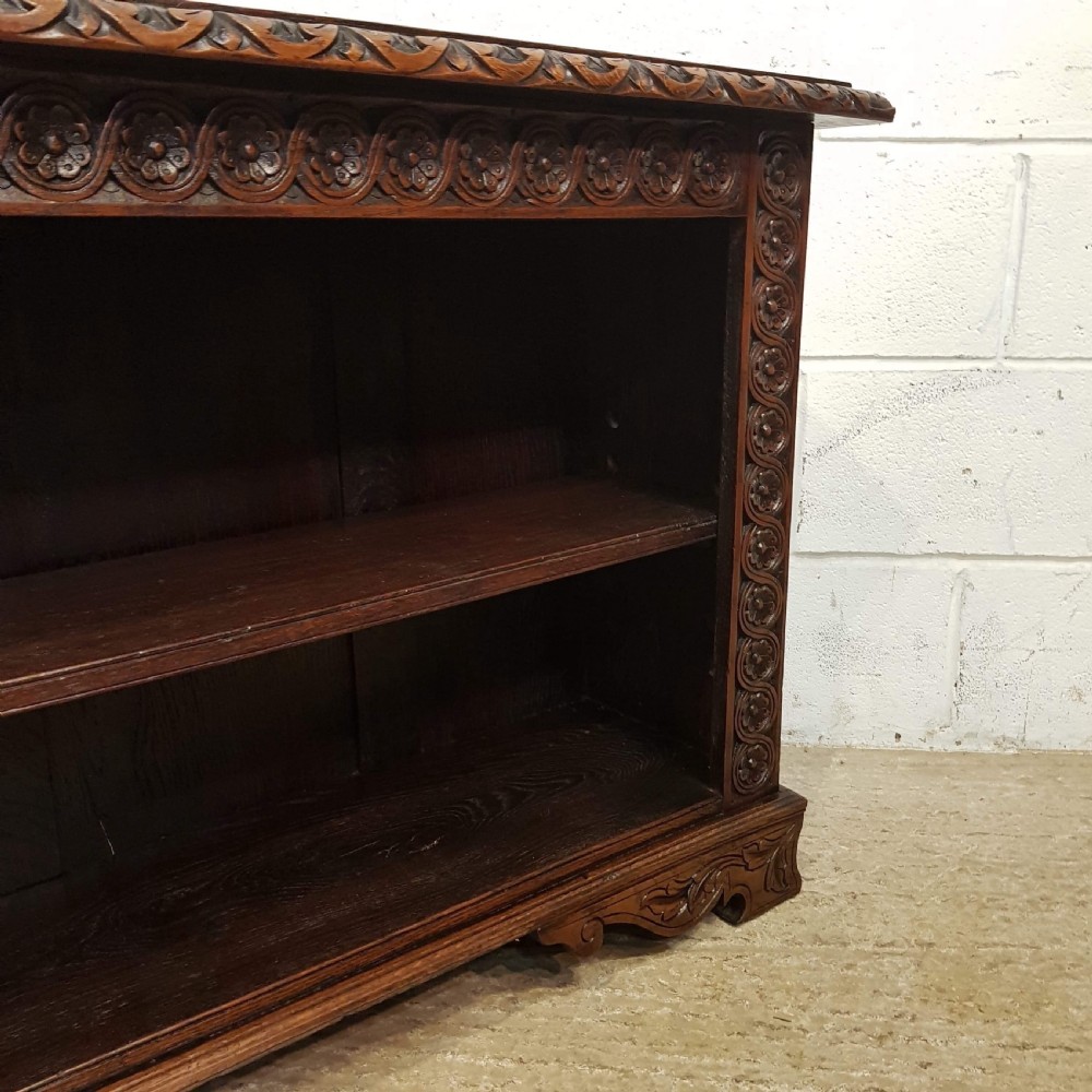 ANTIQUE VICTORIAN 5ft.6” LONG CARVED OAK LOW OPEN BOOKCASE C1880 View IV