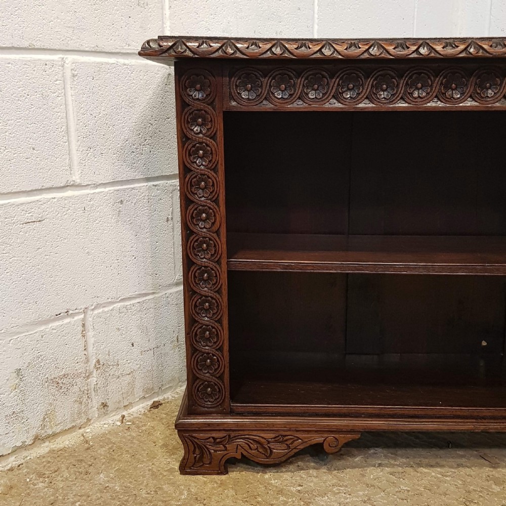 ANTIQUE VICTORIAN 5ft.6” LONG CARVED OAK LOW OPEN BOOKCASE C1880 View VII