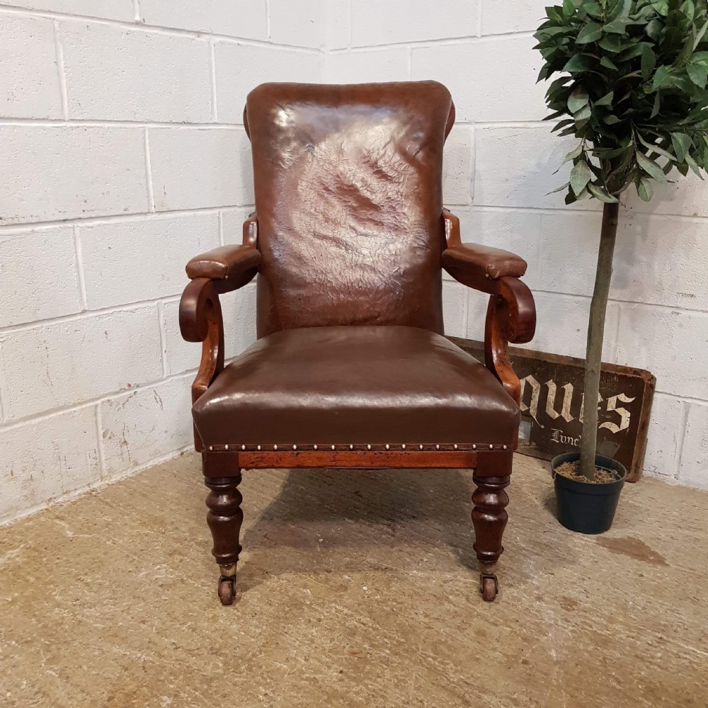ANTIQUE VICTORIAN MAHOGANY FRAMED BROWN LEATHER HIDE ARMCHAIR C1880 View III