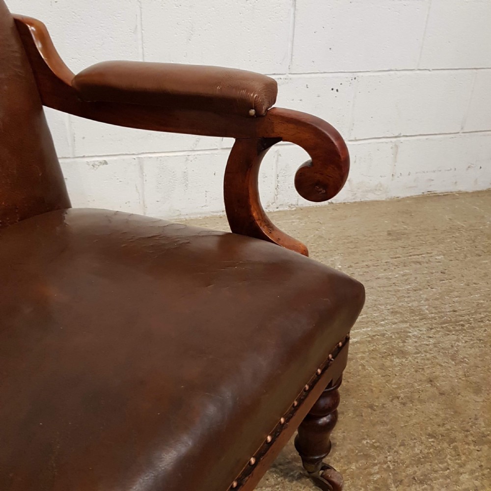 ANTIQUE VICTORIAN MAHOGANY FRAMED BROWN LEATHER HIDE ARMCHAIR C1880 View IV
