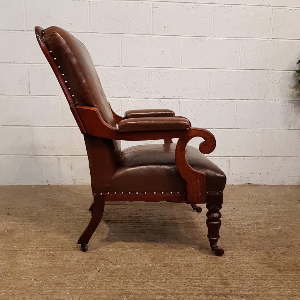 ANTIQUE VICTORIAN MAHOGANY FRAMED BROWN LEATHER HIDE ARMCHAIR C1880 View V