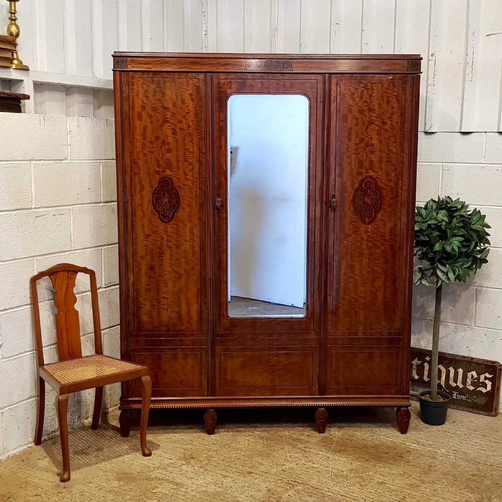 ANTIQUE EDWARDIAN MAHOGANY INLAID SMALL TRIPLE WARDROBE BY MAPLES & CO.