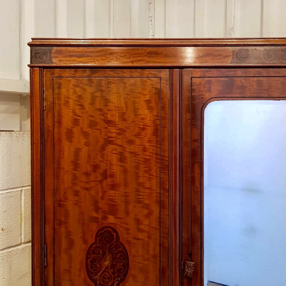 ANTIQUE EDWARDIAN MAHOGANY INLAID SMALL TRIPLE WARDROBE BY MAPLES & CO. View III