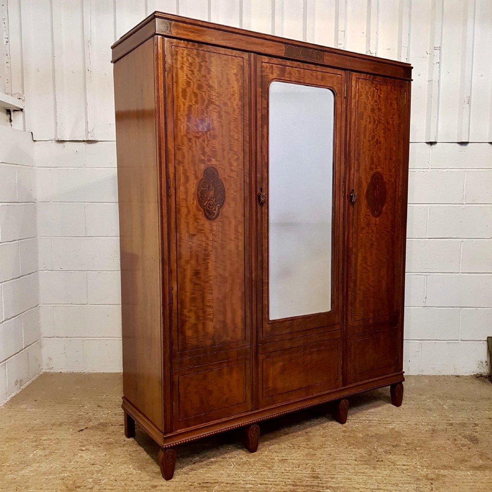 ANTIQUE EDWARDIAN MAHOGANY INLAID SMALL TRIPLE WARDROBE BY MAPLES & CO. View IV