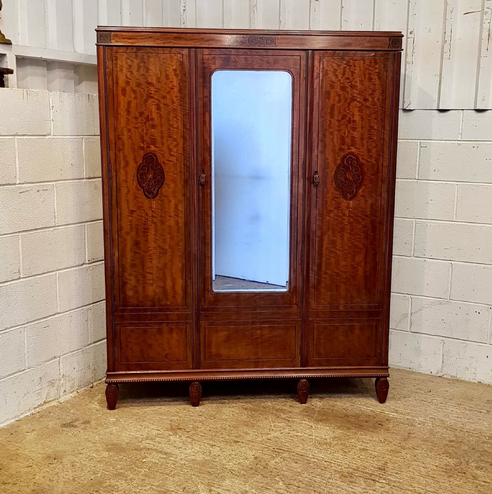 ANTIQUE EDWARDIAN MAHOGANY INLAID SMALL TRIPLE WARDROBE BY MAPLES & CO. View V