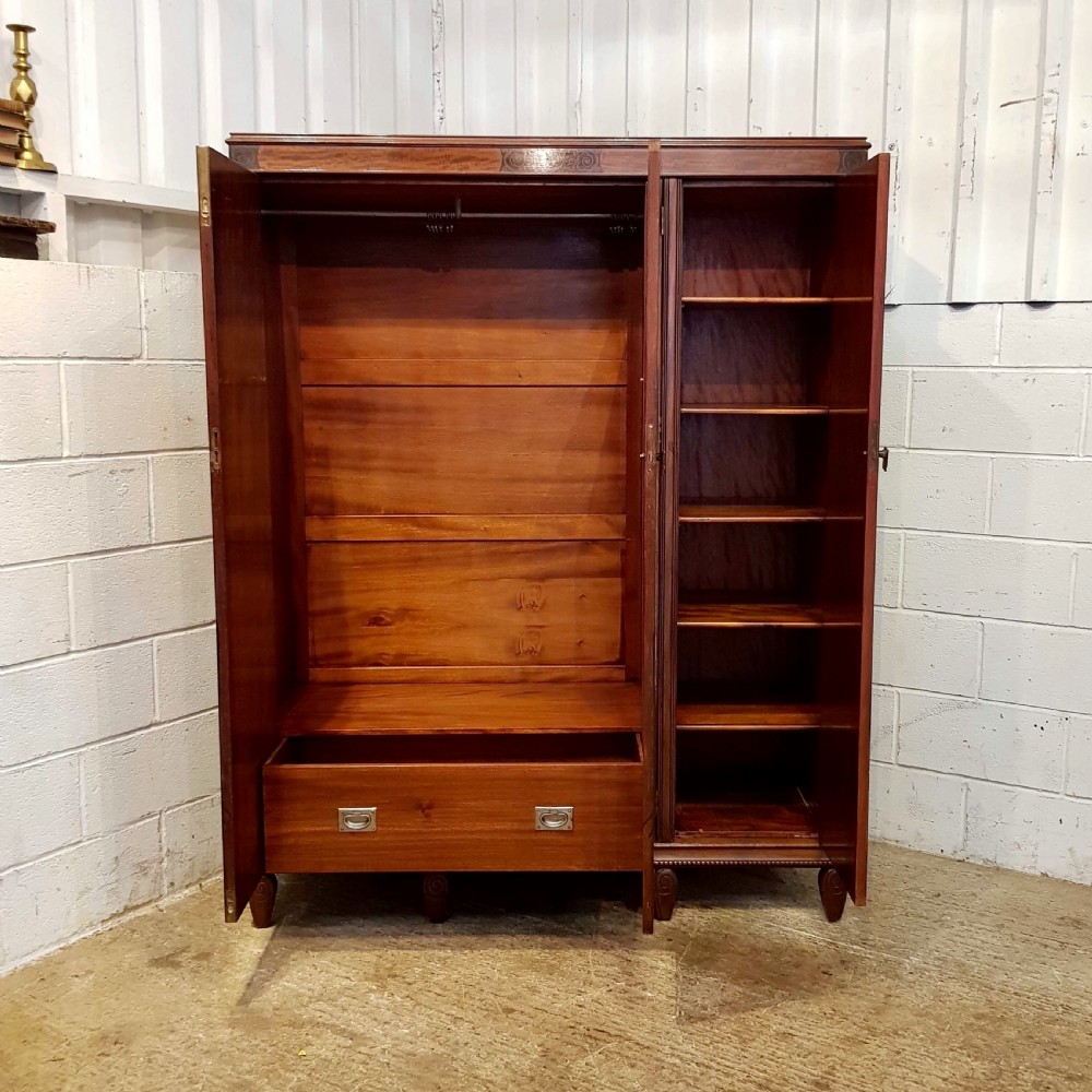 ANTIQUE EDWARDIAN MAHOGANY INLAID SMALL TRIPLE WARDROBE BY MAPLES & CO. View VI