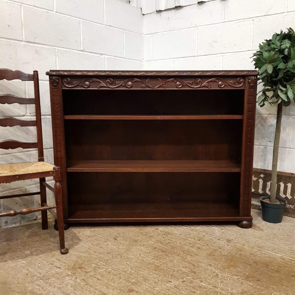 ANTIQUE EDWARDIAN CARVED OAK OPEN BOOKCASE C1900