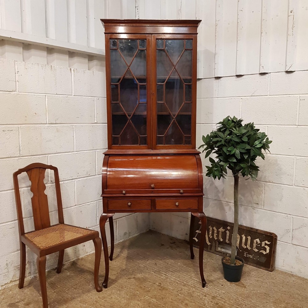 ANTIQUE EDWARDIAN MAHOGANY CYLINDER BUREAU BOOKCASE C1900