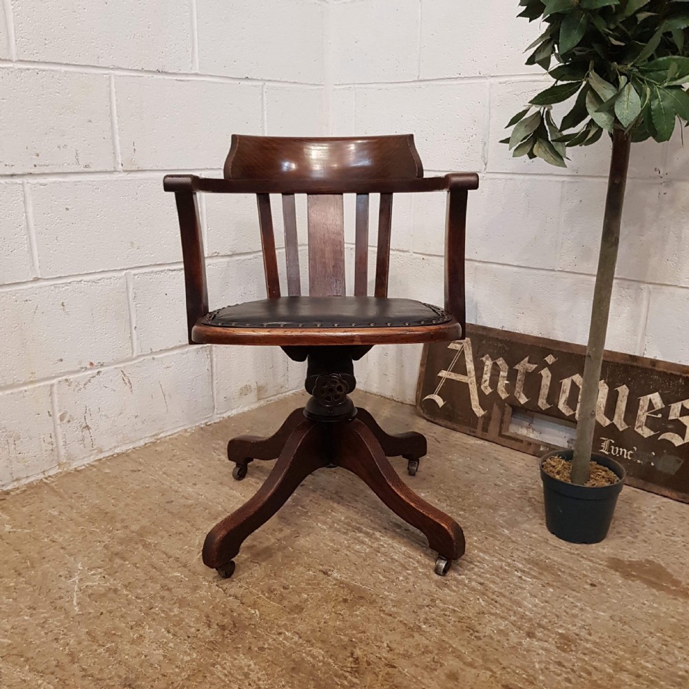 ANTIQUE EDWARDIAN OAK CAPTAINS SWIVEL DESK CHAIR C1900