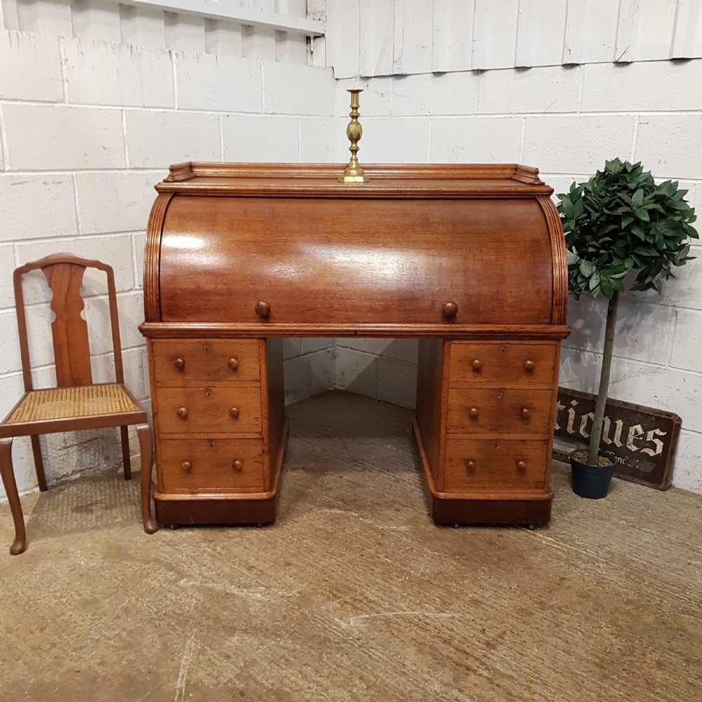 ANTIQUE LARGE VICTORIAN OAK CYLINDER TOP PEDESTAL DESK C1880