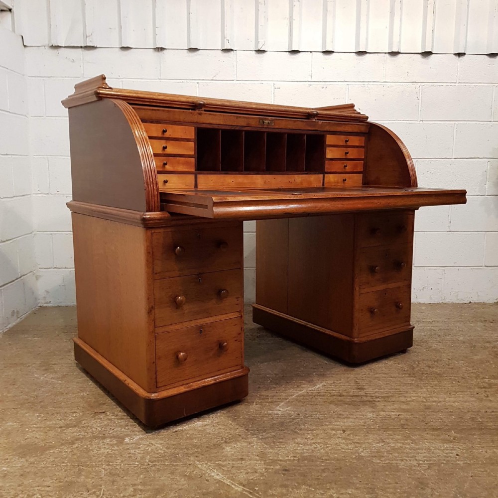 ANTIQUE LARGE VICTORIAN OAK CYLINDER TOP PEDESTAL DESK C1880 View V
