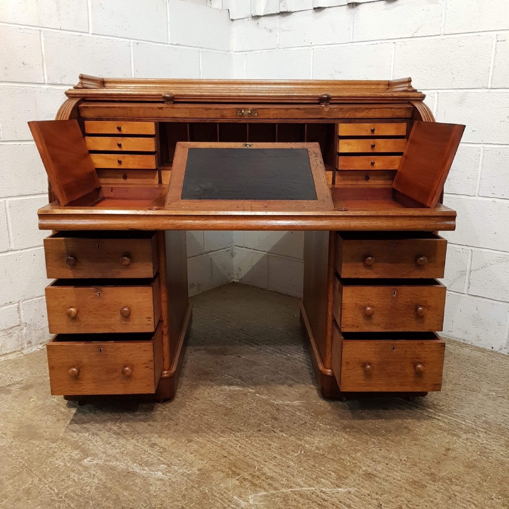 ANTIQUE LARGE VICTORIAN OAK CYLINDER TOP PEDESTAL DESK C1880 View VIII