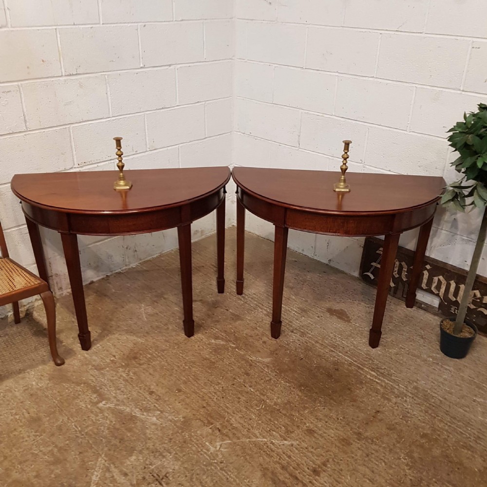 ANTIQUE PAIR LATE VICTORIAN MAHOGANY DEMI LUNE SIDE TABLES C1890