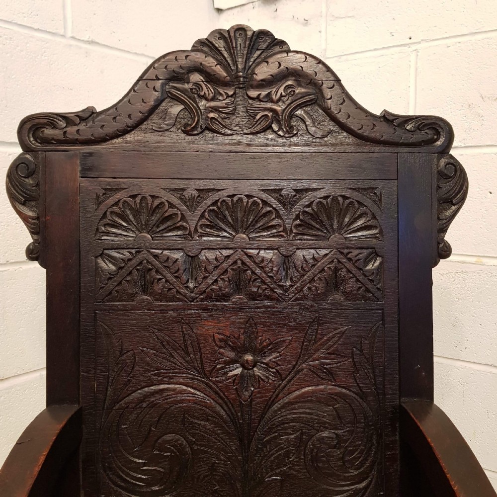 ANTIQUE 19TH CENTURY CARVED OAK WAINSCOTE CHAIR C1860 View VI