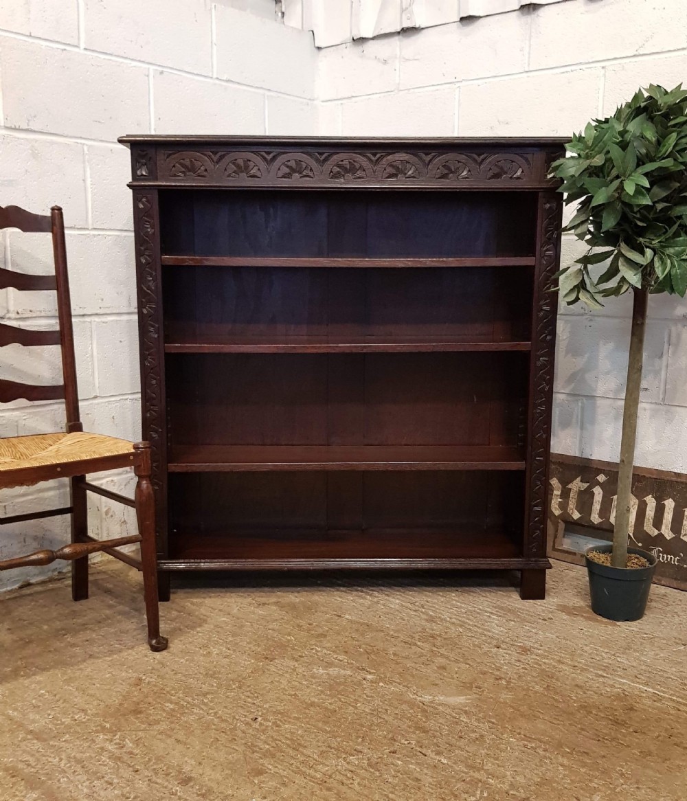 ANTIQUE LATE VICTORIAN CARVED OAK OPEN BOOKCASE C1890