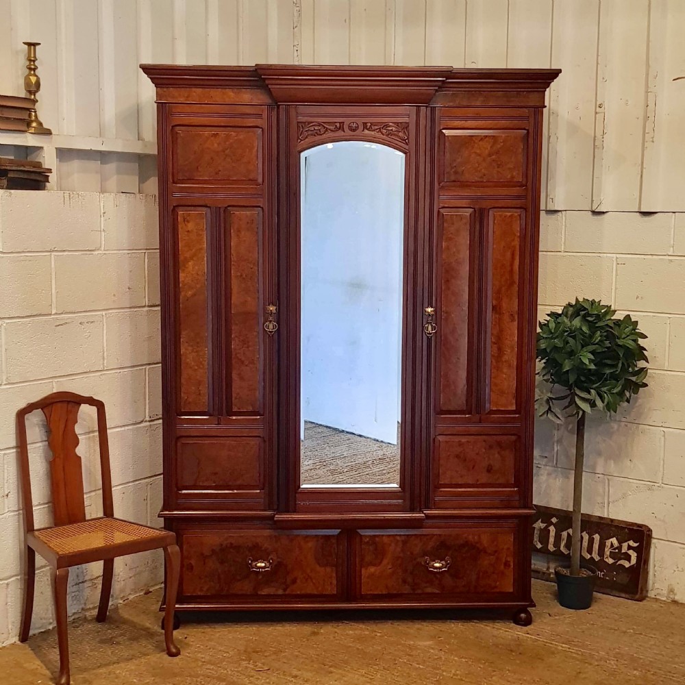 ANTIQUE LATE VICTORIAN MAHOGANY & BURR WALNUT TRIPLE PRINCESS BREAKFRONT WARDROBE C1890