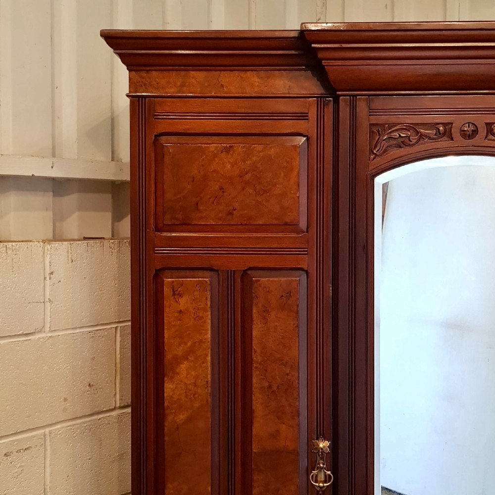 ANTIQUE LATE VICTORIAN MAHOGANY & BURR WALNUT TRIPLE PRINCESS BREAKFRONT WARDROBE C1890 View II