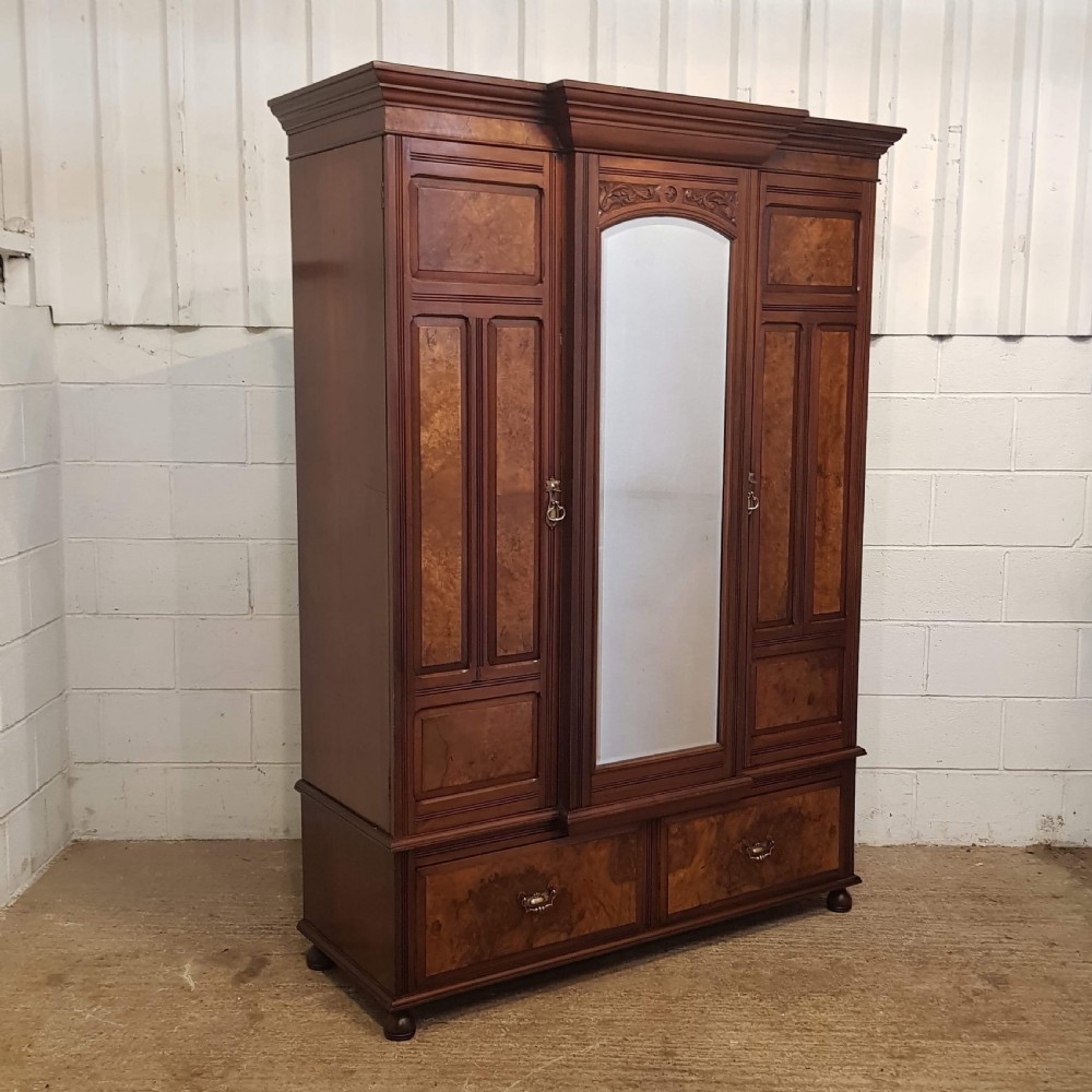 ANTIQUE LATE VICTORIAN MAHOGANY & BURR WALNUT TRIPLE PRINCESS BREAKFRONT WARDROBE C1890 View IV