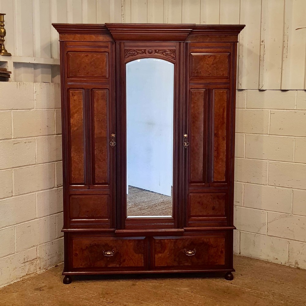 ANTIQUE LATE VICTORIAN MAHOGANY & BURR WALNUT TRIPLE PRINCESS BREAKFRONT WARDROBE C1890 View V