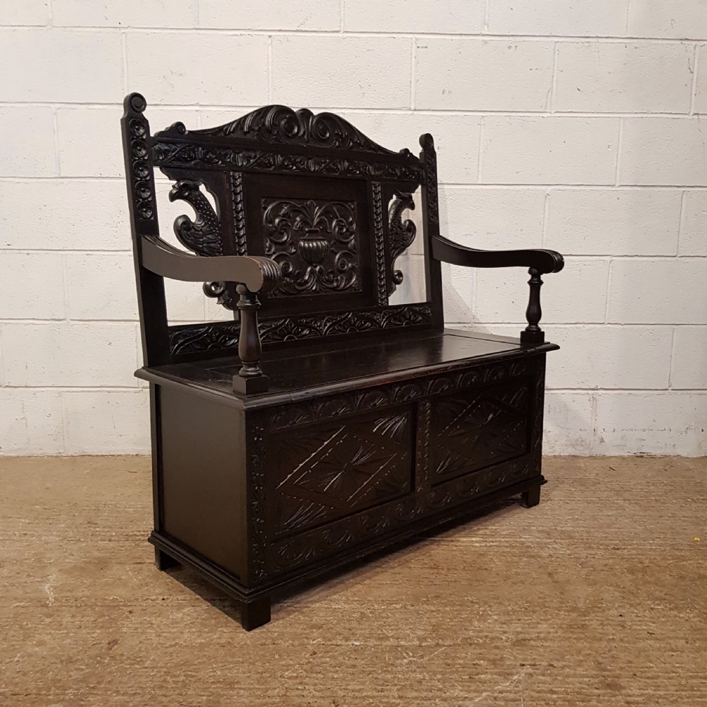 ANTIQUE LATE VICTORIAN CARVED OAK BOX SETTLE C1890 View II