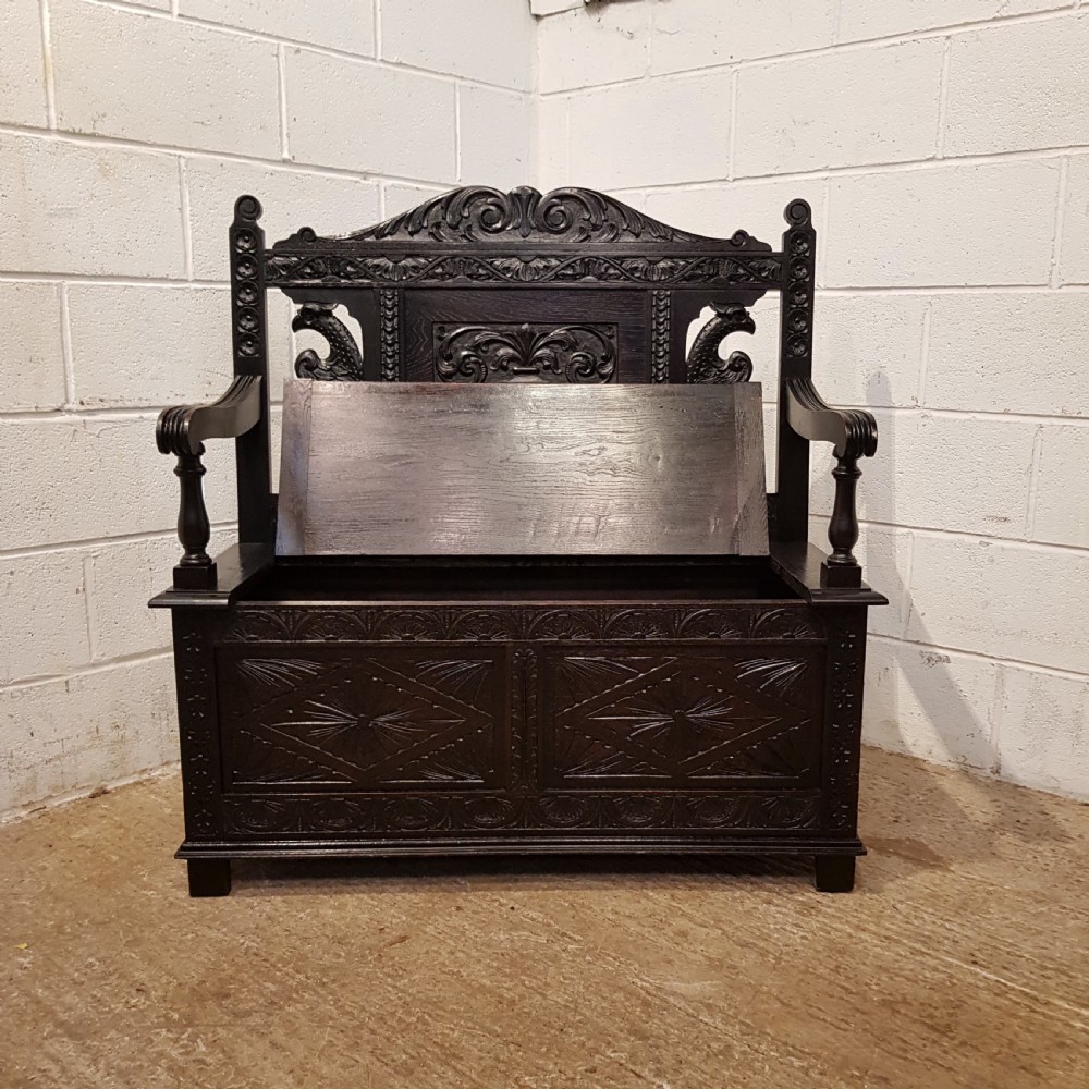 ANTIQUE LATE VICTORIAN CARVED OAK BOX SETTLE C1890 View III
