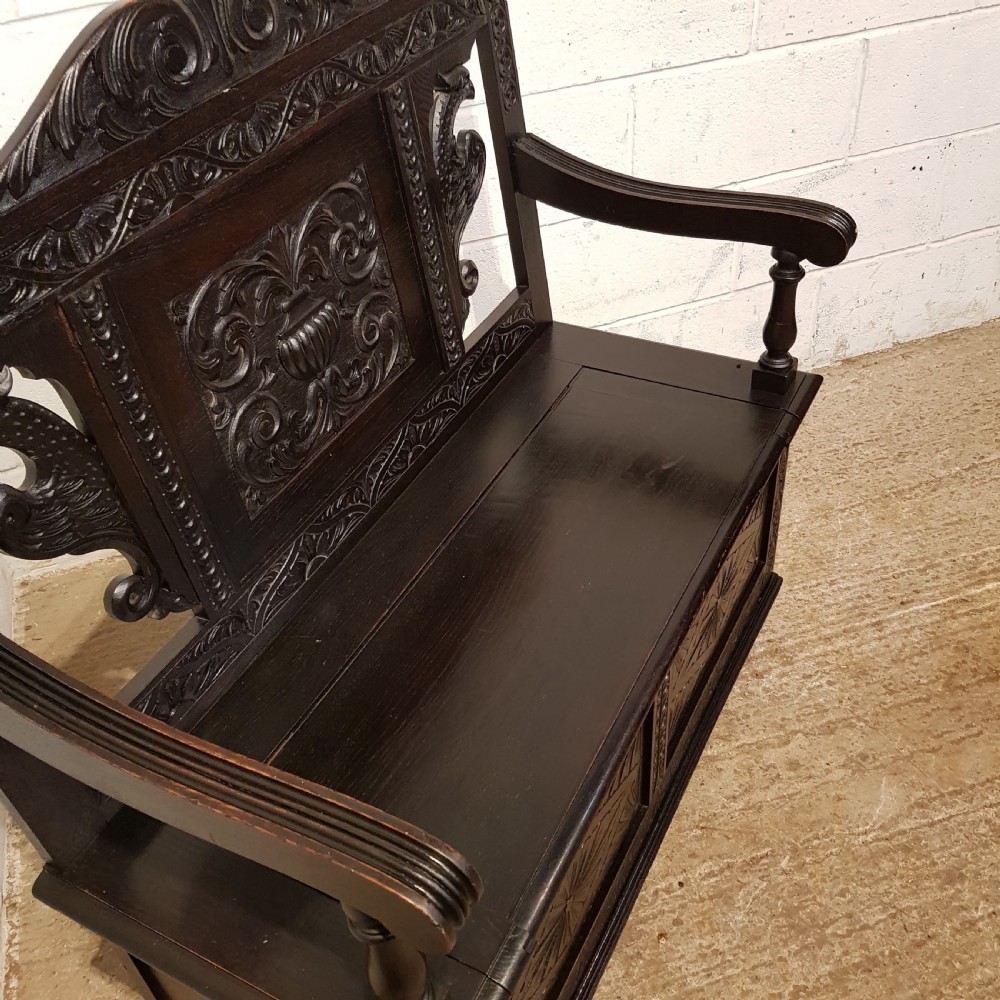 ANTIQUE LATE VICTORIAN CARVED OAK BOX SETTLE C1890 View V