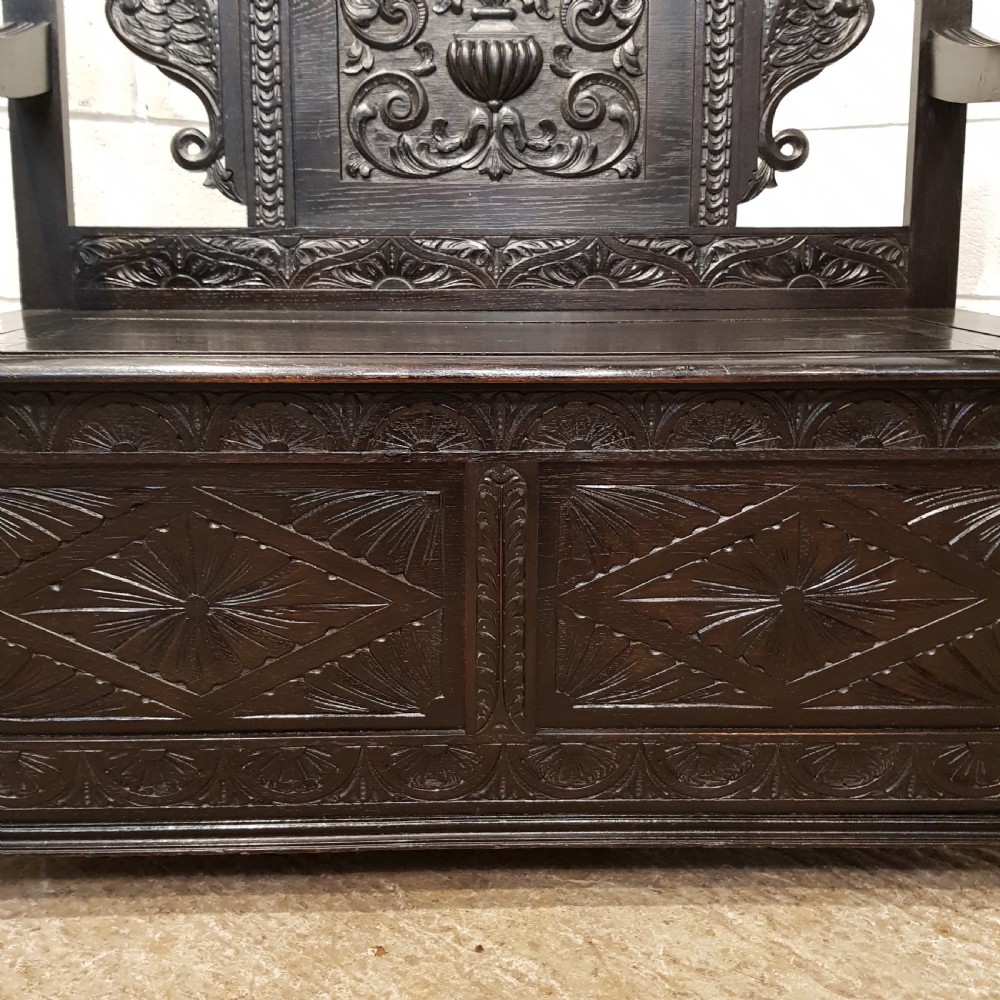 ANTIQUE LATE VICTORIAN CARVED OAK BOX SETTLE C1890 View VI