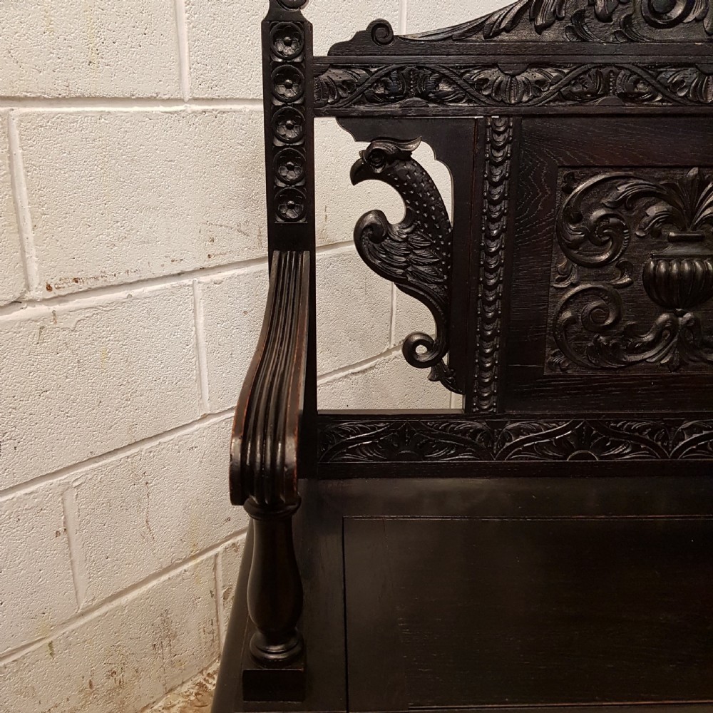 ANTIQUE LATE VICTORIAN CARVED OAK BOX SETTLE C1890 View VII