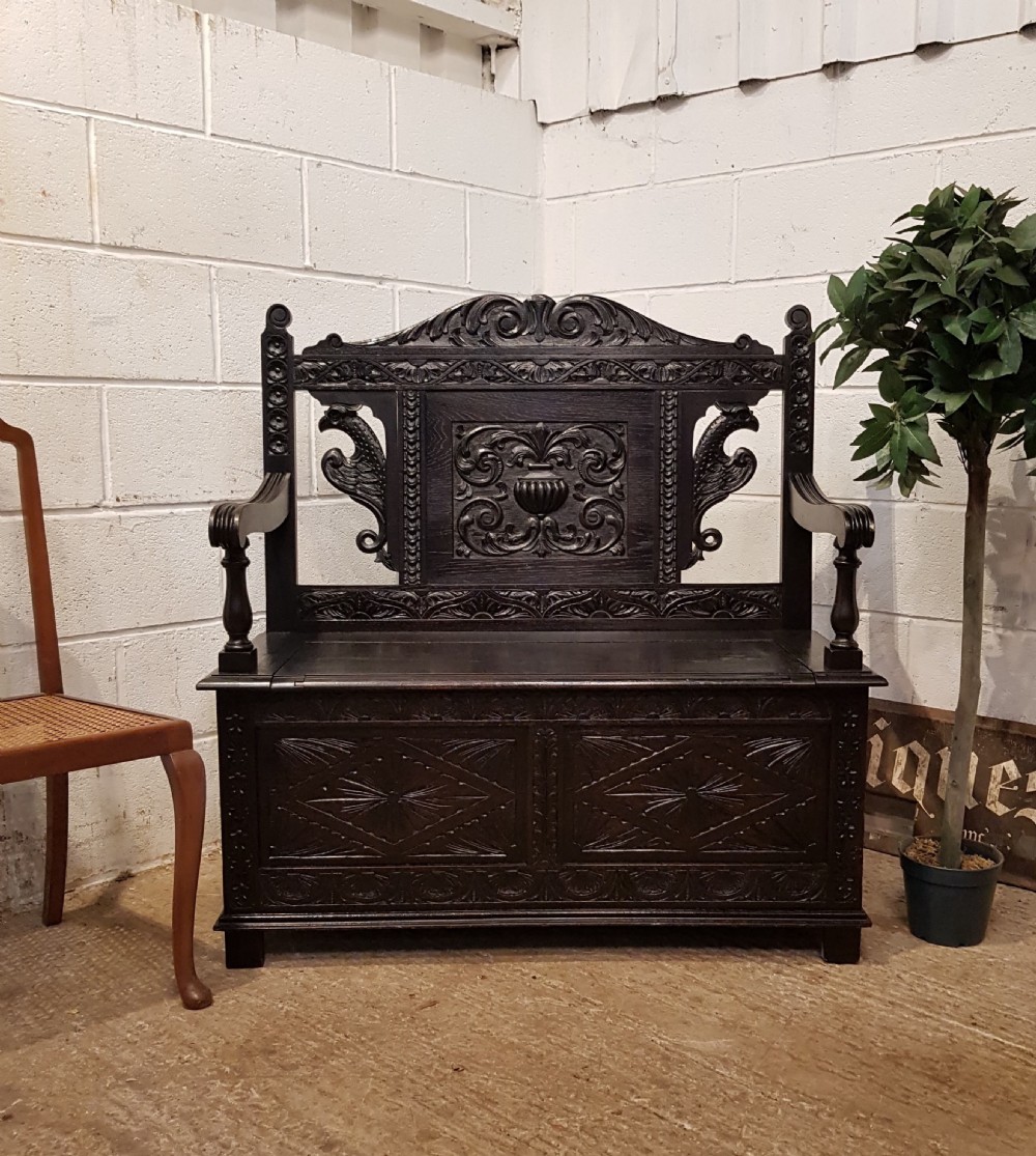 ANTIQUE LATE VICTORIAN CARVED OAK BOX SETTLE C1890 View VIII