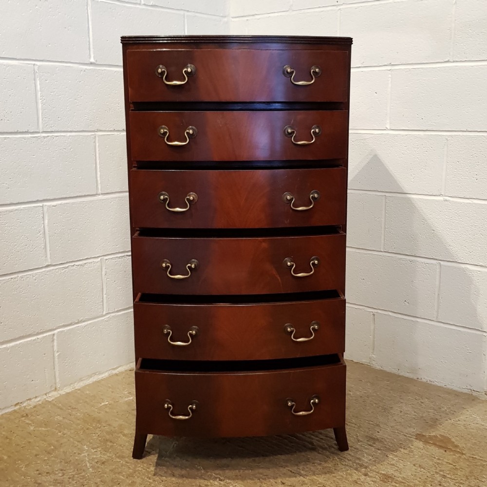 ANTIQUE TALL NARROW MAHOGANY BOW FRONT CHEST OF DRAWERS C1920 View IV