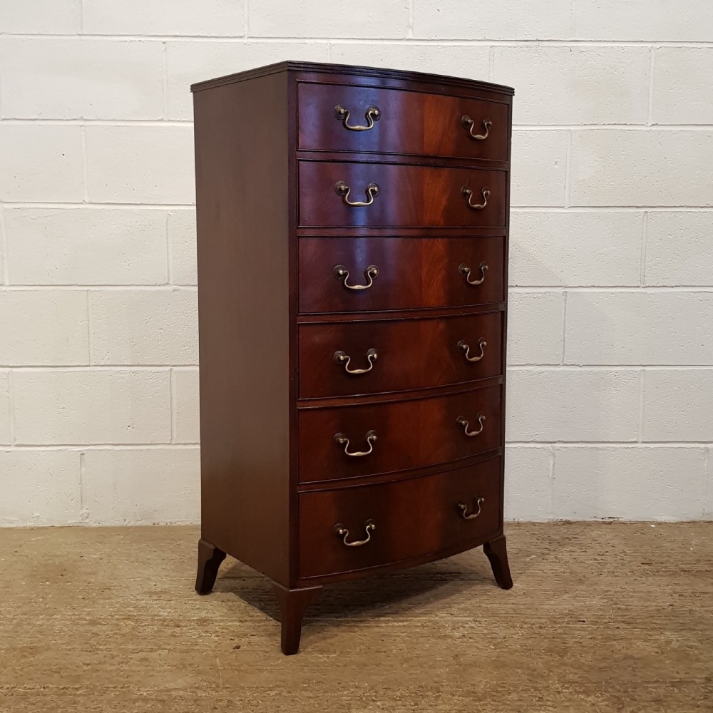 ANTIQUE TALL NARROW MAHOGANY BOW FRONT CHEST OF DRAWERS C1920 View V