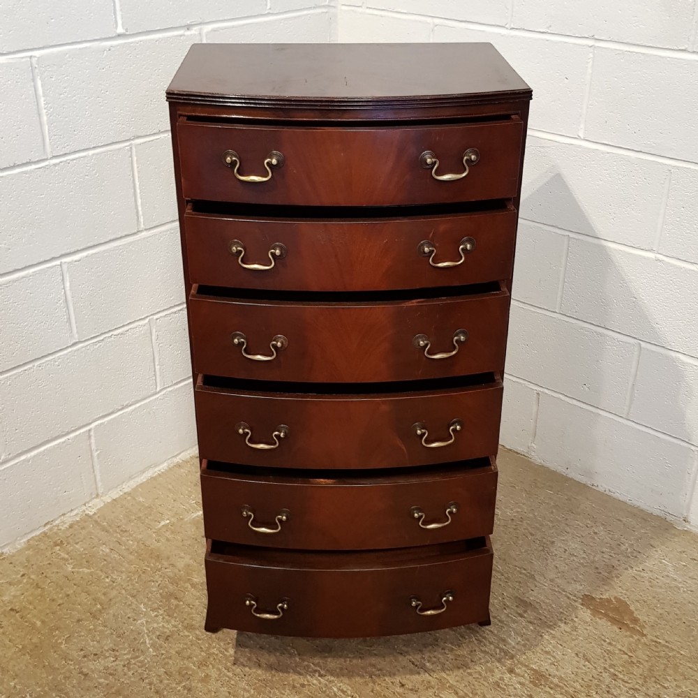 ANTIQUE TALL NARROW MAHOGANY BOW FRONT CHEST OF DRAWERS C1920 View VI