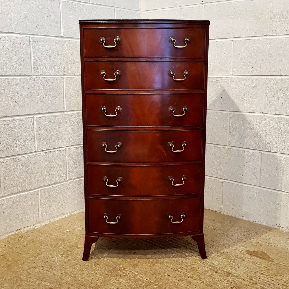 ANTIQUE TALL NARROW MAHOGANY BOW FRONT CHEST OF DRAWERS C1920 View VIII