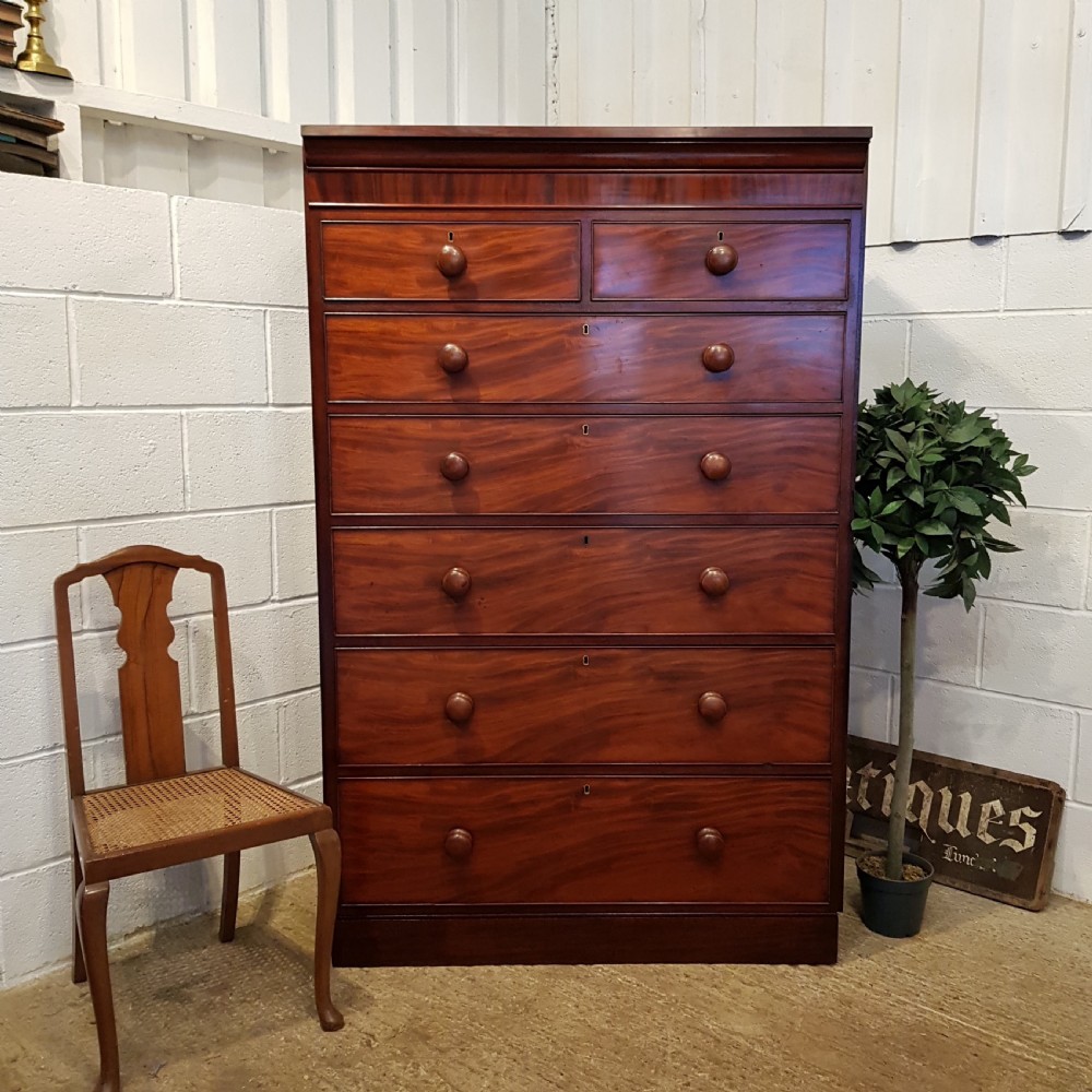 ANTIQUE VICTORIAN FLAMED MAHOGANY TALL CHEST OF DRAWERS C1880