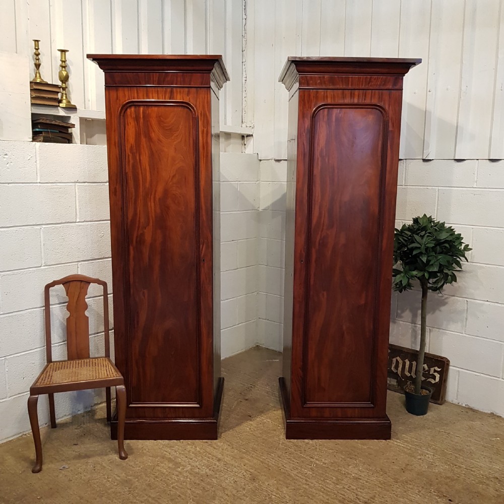 ANTIQUE PAIR VICTORIAN FLAMED MAHOGANY SENTRY WARDROBES C1880