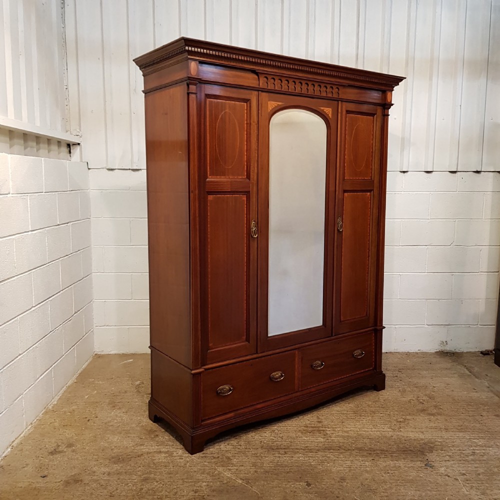 ANTIQUE SMALL EDWARDIAN INLAID MAHOGANY TRIPLE WARDROBE C1900 View IV