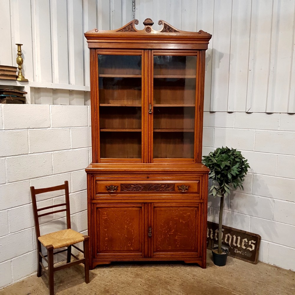 ANTIQUE EDWARDIAN CARVED OAK SECRETAIRE LIBRARY BOOKCASE C1900