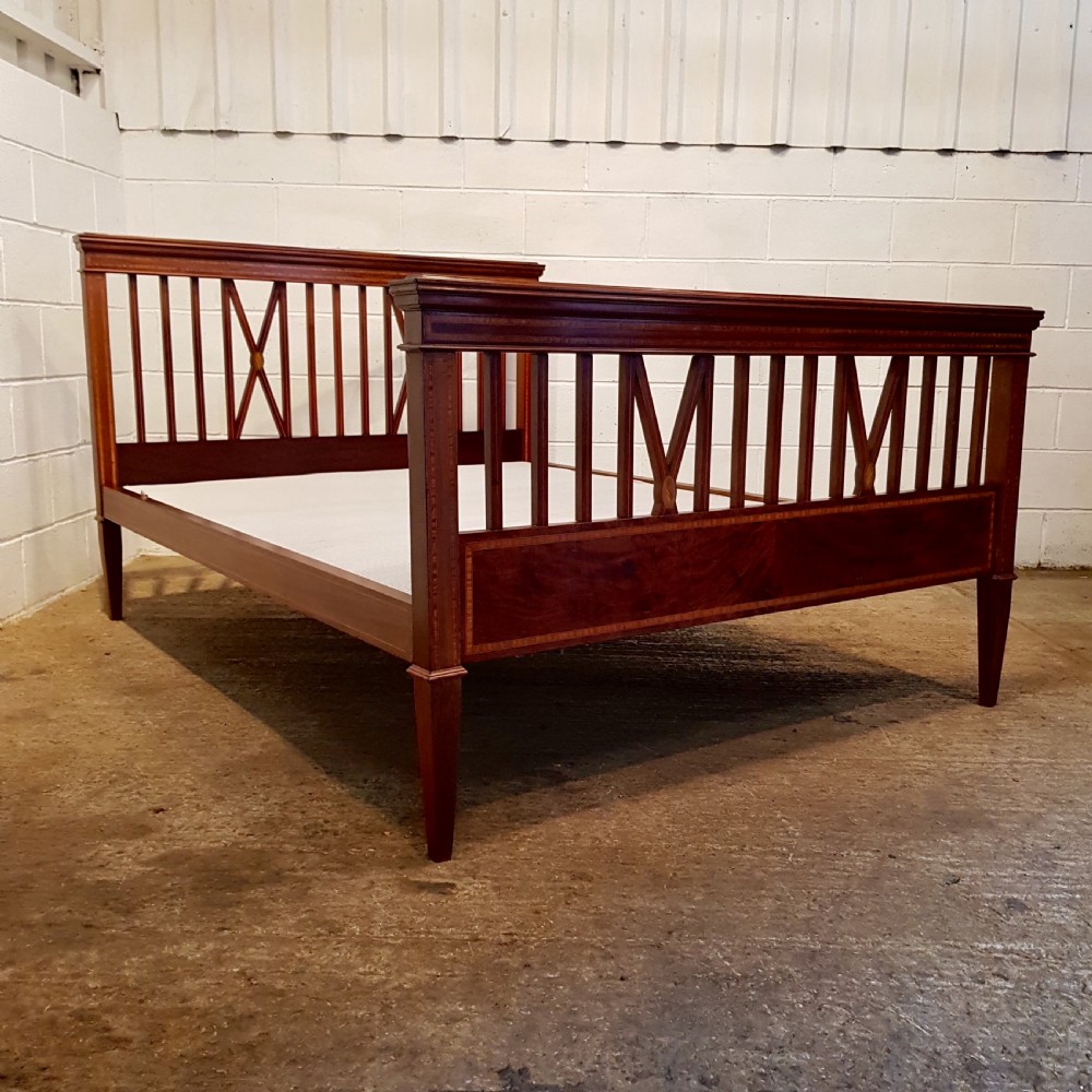 ANTIQUE EDWARDIAN REGENCY INLAID MAHOGANY KING SIZE BED c1900