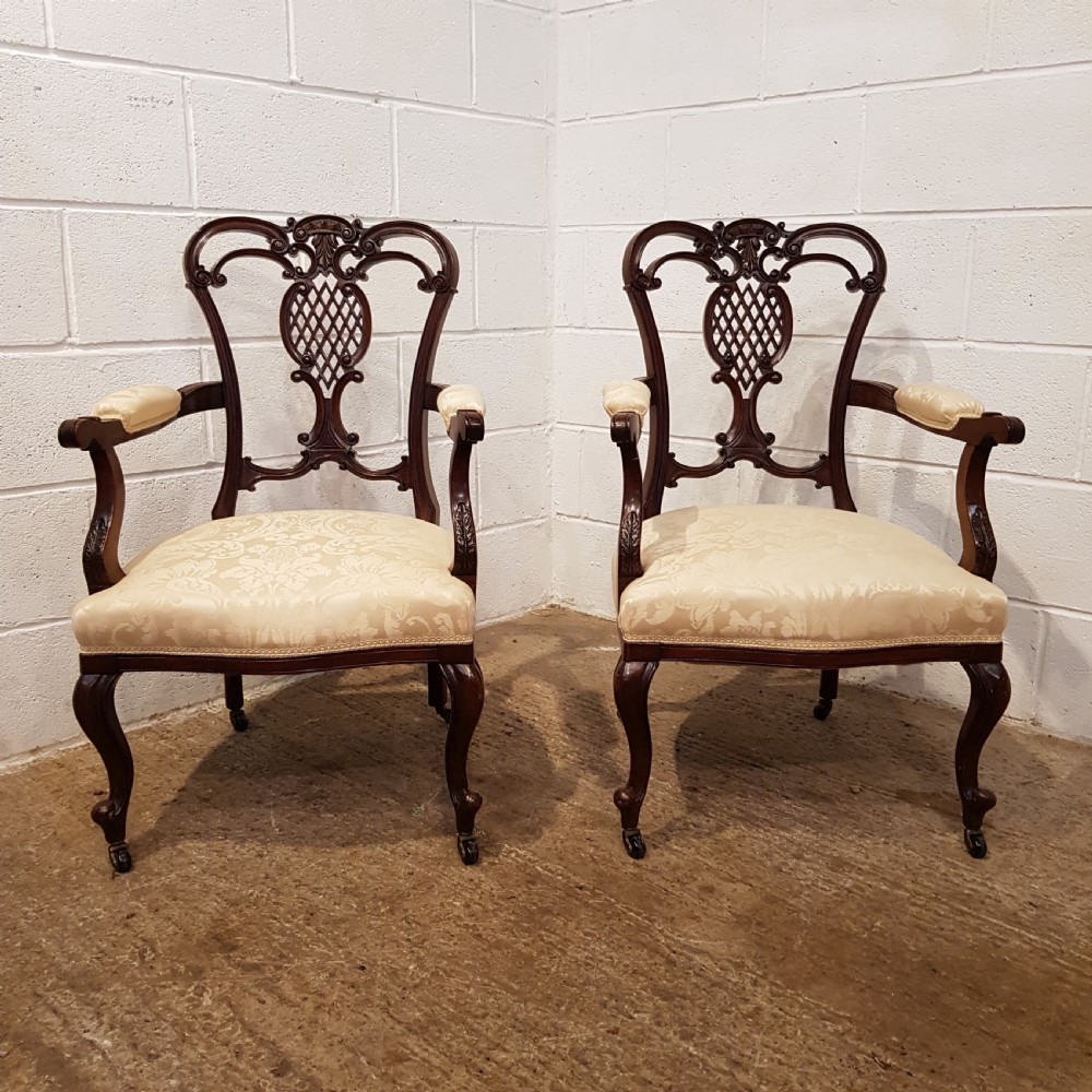 ANTIQUE PAIR DECORATIVE EDWARDIAN MAHOGANY SALON ARMCHAIRS C1900