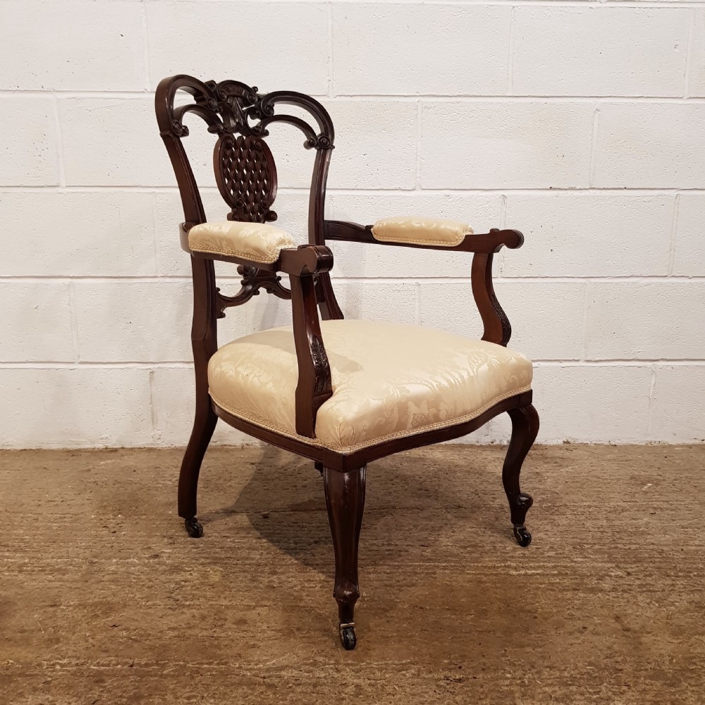 ANTIQUE PAIR DECORATIVE EDWARDIAN MAHOGANY SALON ARMCHAIRS C1900 View III