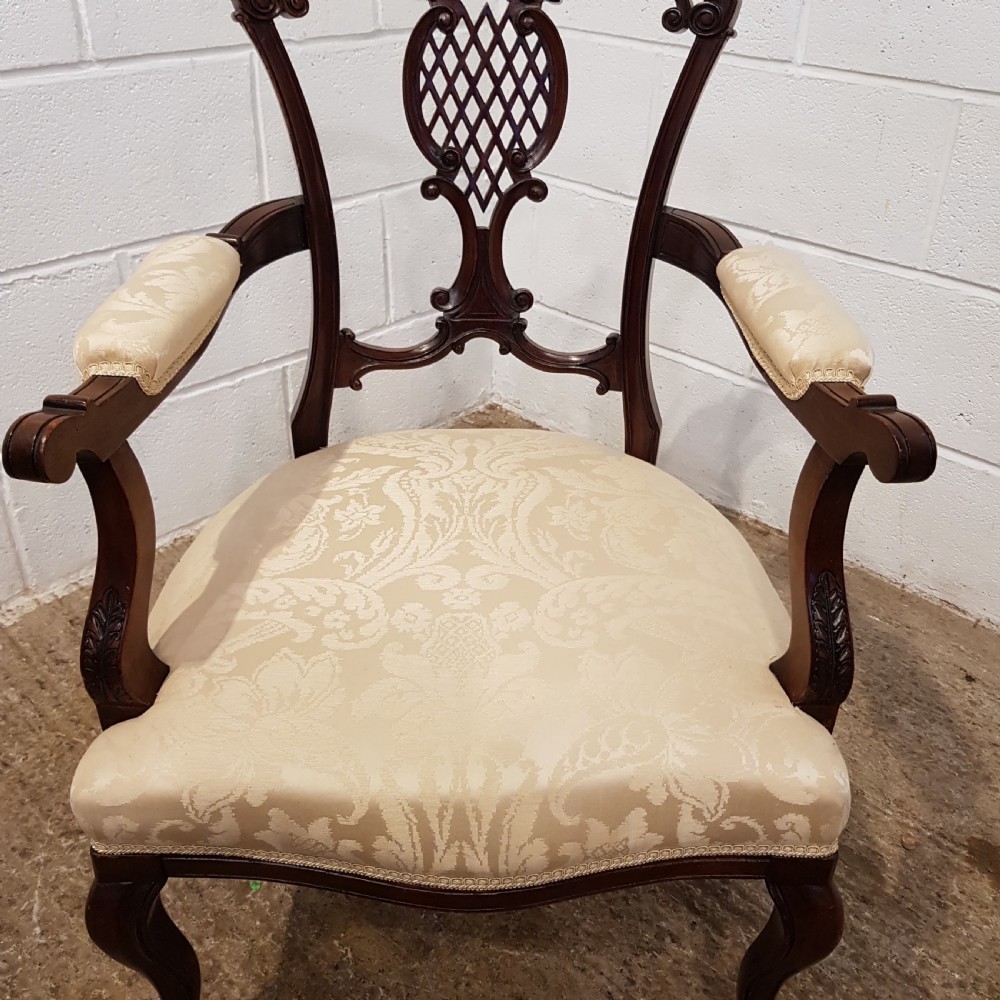 ANTIQUE PAIR DECORATIVE EDWARDIAN MAHOGANY SALON ARMCHAIRS C1900 View IV