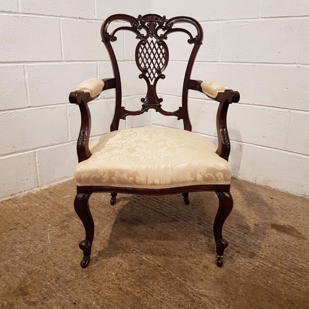 ANTIQUE PAIR DECORATIVE EDWARDIAN MAHOGANY SALON ARMCHAIRS C1900 View VII