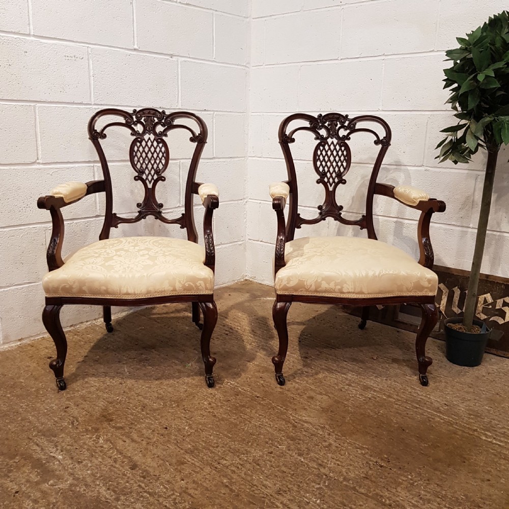 ANTIQUE PAIR DECORATIVE EDWARDIAN MAHOGANY SALON ARMCHAIRS C1900 View VIII