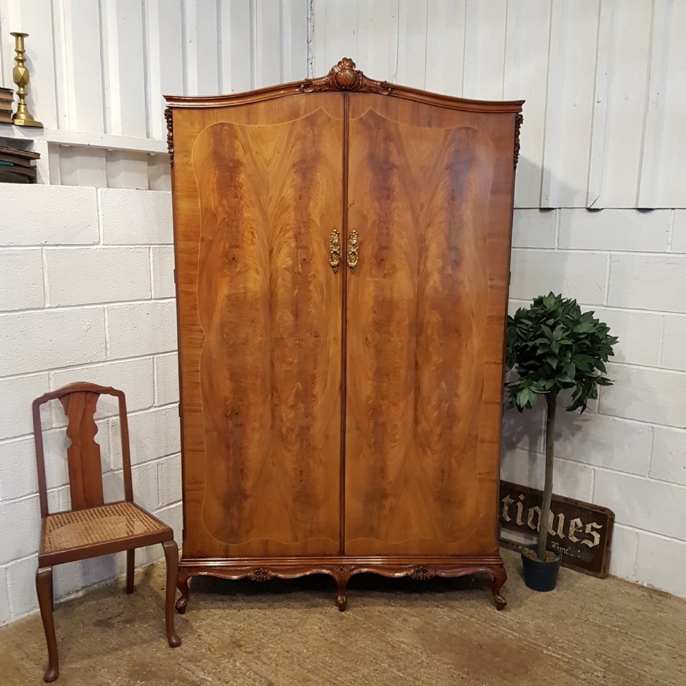 ANTIQUE BURR WALNUT QUEEN ANNE DOUBLE WARDROBE C1920