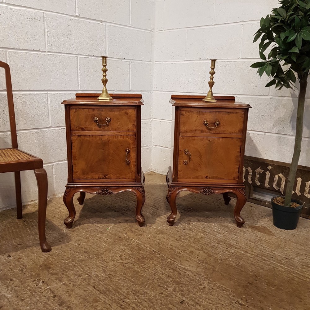 ANTIQUE PAIR BURR WALNUT BEDSIDE CABINETS C1920