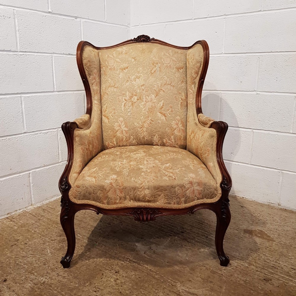 ANTIQUE FRENCH WALNUT FRAMED WING BACK ARMCHAIR C1900 View III