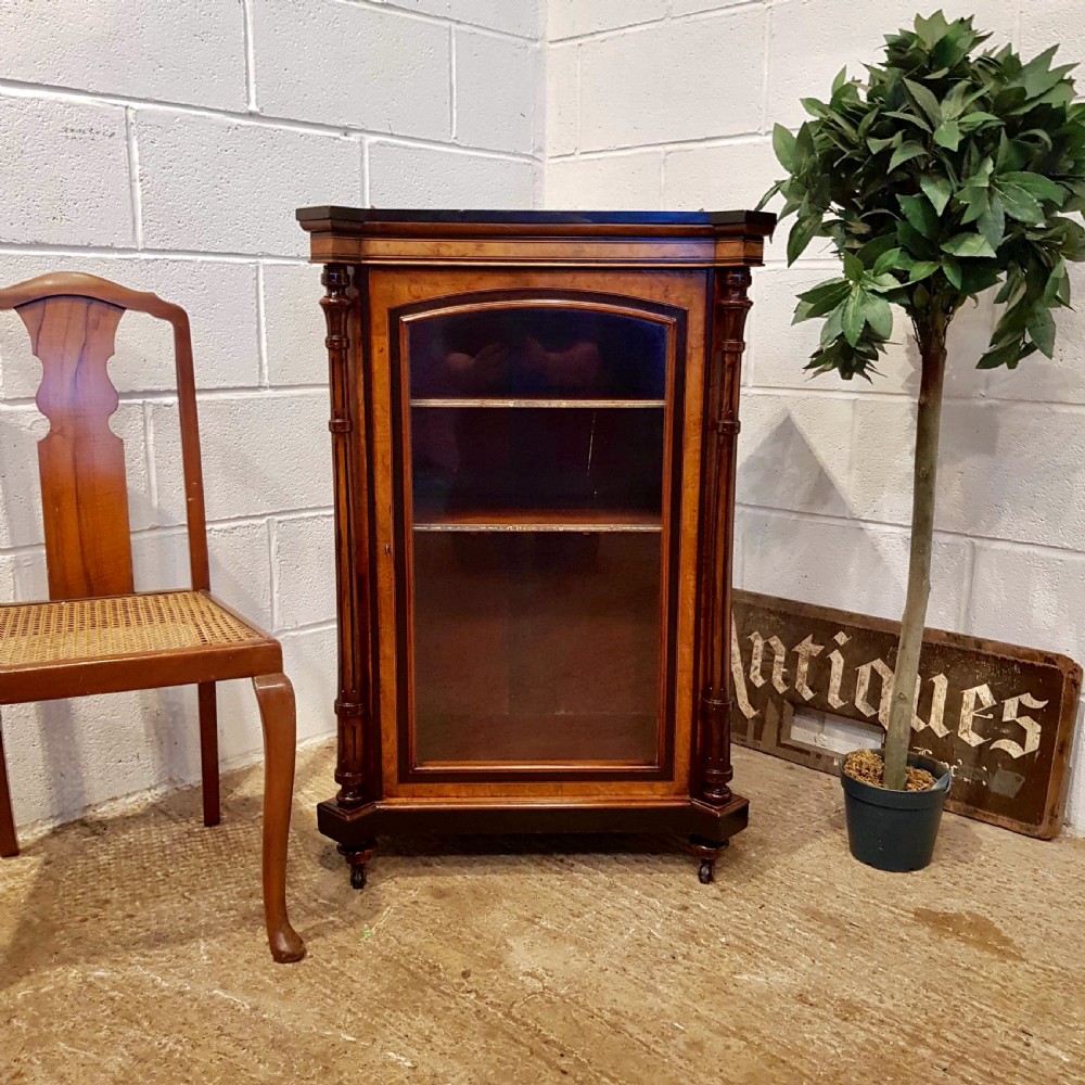 ANTIQUE VICTORIAN BURR WALNUT AND EBONY PIER DISPLAY CABINET C1880