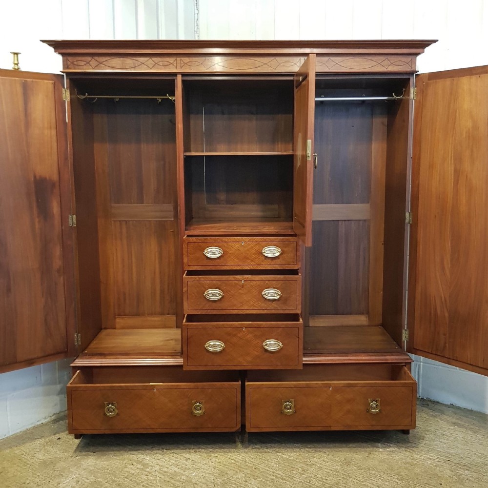 ANTIQUE EDWARDIAN INLAID MAHOGANY TRIPLE WARDROBE  C1900  View II