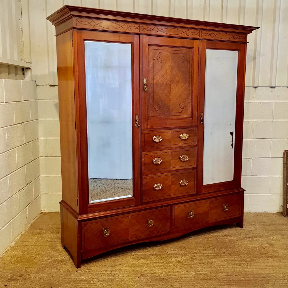 ANTIQUE EDWARDIAN INLAID MAHOGANY TRIPLE WARDROBE  C1900  View III