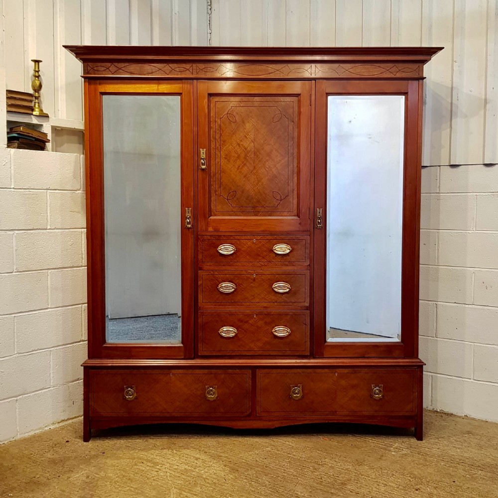ANTIQUE EDWARDIAN INLAID MAHOGANY TRIPLE WARDROBE  C1900  View V